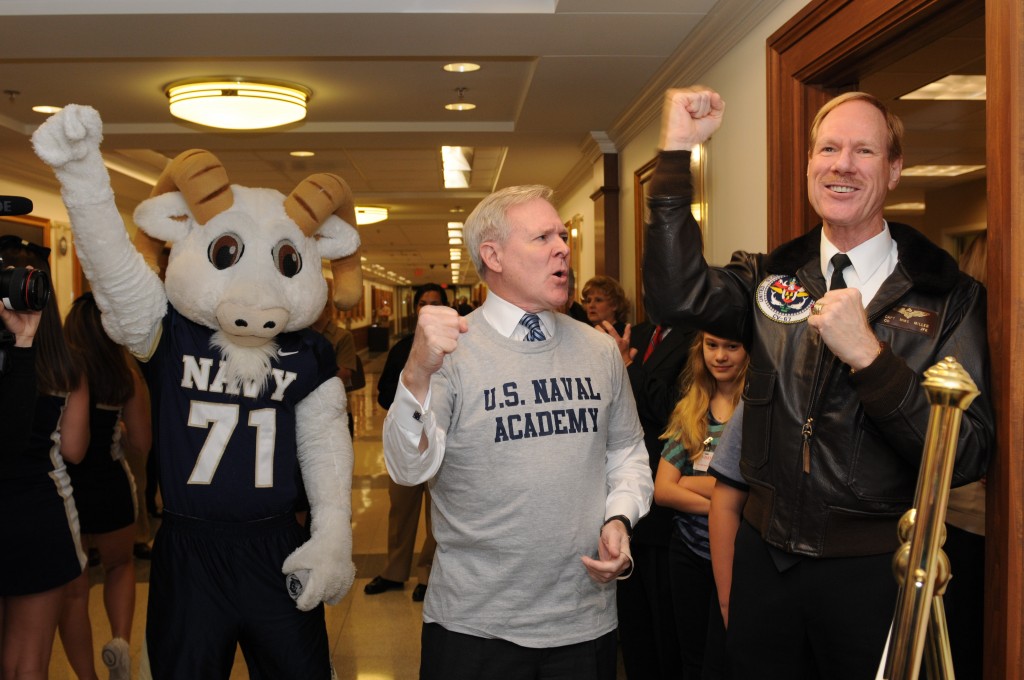 Secretary of the Mabus celebrates the planned return of spirit rations at the U.S. Naval Academy yesterday.