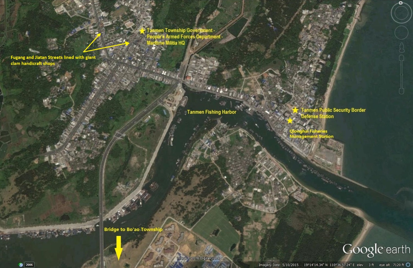 Map depicting Tanmen fishing harbor and key institutions for the maritime militia.