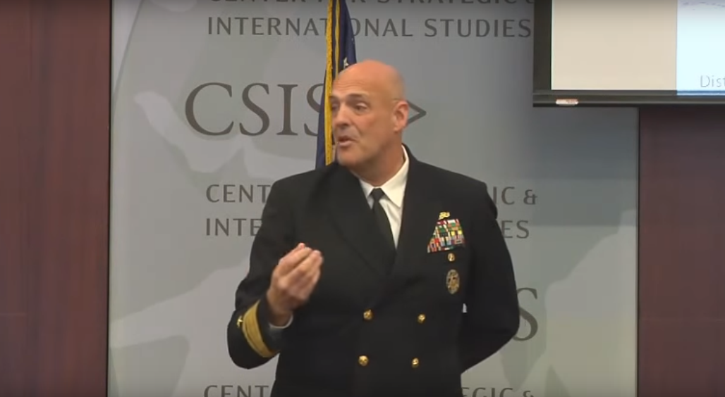 Rear Admiral Girrier, Director of N99, delivers a presentation on the future of naval unmanned systems at the Center for Strategic and International Studies. 