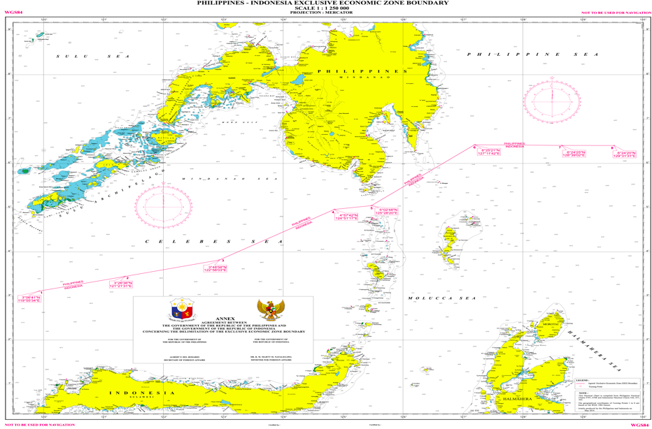 EEZ demarcation between the Philippines and Indonesia. The PH-RI EEZ Boundary is defined by geodetic lines connecting eight points. These points are indicated in geographical coordinates that form a single line as illustrated in the chart shown below. The total length of the line is 627.51 nautical miles or 1,162.2 kilometers from points 1 to 8.