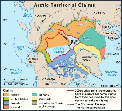 A map of overlapping territorial claims in the Arctic. (Encyclopedia Britannica Inc)