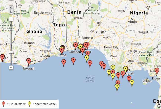 Locations of attacks in the Gulf of Guinea in 2012 (Source: IMB)