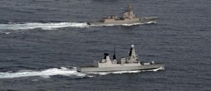 Royal Navy destroyer HMS Dauntless, the Spanish navy air defense frigate Almirante Juan de Borbon operate together