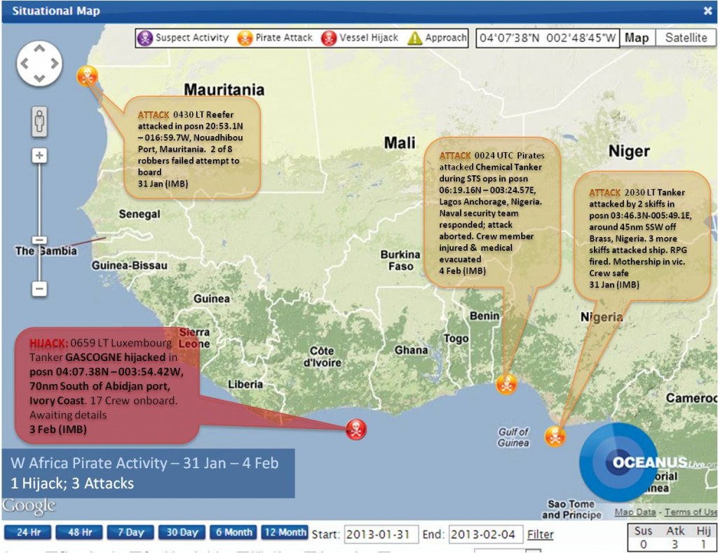 Latest piracy incidents in the Gulf of Guinea (courtesy OCEANUSlive.org)