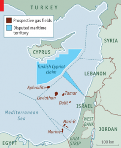 Prospective gas fields and disputed maritime boundaries (The Economist)