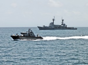 Cameroon Navy patrol boat LE LOGONE (foreground) and the Nigerian flagship NNS THUNDER during Exercise OBANGAME EXPRESS 2014 (Photo: Dirk Steffen)