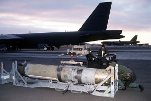 Airmen prepare to load a Mark 60 CAPTOR (encapsulated torpedo) anti-submarine mine onto a B-52G Stratofortress. US Navy