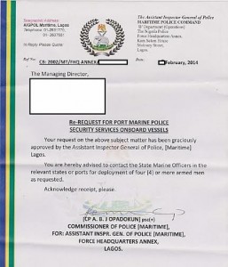 Example of a “permit” issued to a PMSC for embarking Nigerian Maritime Police by the Lagos Police Commissioner (Maritime) without authority of the Lagos state Inspector General of the Police. (Source withheld)