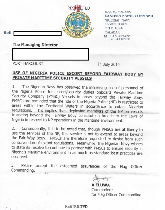 Photo: Letter by the Flag Officer Commanding Central Naval Command authorizing the use of Nigerian Police inside their jurisdiction on contractors’ security vessels.