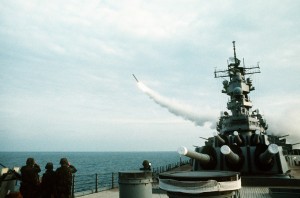 USS WISCONSIN launches a BGM-109 Tomahawk missile against a target in Iraq during Operation Desert Storm.