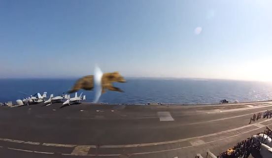 Naughty B3AR5 hits the sound barrier during a unauthorized flyby of the USS GERALD R FORD during sea trials.