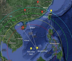 Approximate ranges of PLA aircraft from Fiery Cross Reef. Adapted from the map included with the USCC Report cited earlier.