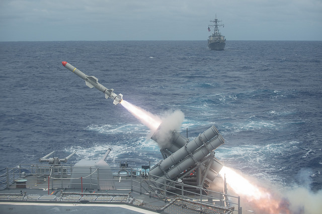 Harpoon anti-ship missile is launched from the Ticonderoga-class guided-missile cruiser USS Shiloh (CG 67) during a live-fire exercise. Image Credit: CC BY 2.0 Official U.S. Navy Page/Flickr.
