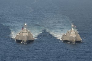140423-N-VD564-016  PACIFIC OCEAN (April 23, 2014)  The littoral combat ships USS Independence (LCS 2), left, and USS Coronado (LCS 4) are underway in the Pacific Ocean. (U.S. Navy photo by Chief Mass Communication Specialist Keith DeVinney/Released)