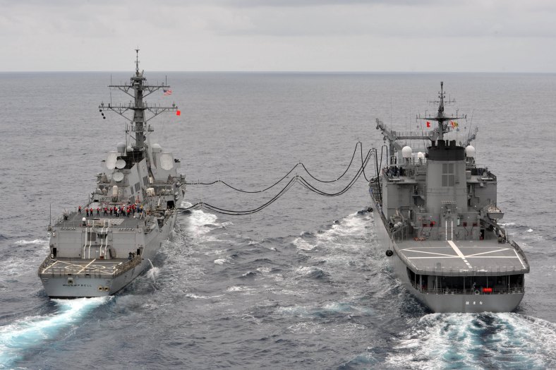 The guided missile destroyer USS McCampbell (DDG 85), left, conducts a replenishment at sea with Japan Maritime Self-Defense Force fast-combat support ship JS Hamana (AOE 424) during Pacific Bond 2012 June 7, 2012, in the East China Sea. Pacific Bond is a U.S. Navy, Royal Australian Navy and Japan Maritime Self-Defense Force maritime exercise designed to improve interoperability and further relations between the nations. (U.S. Navy photo by Mass Communication Specialist Seaman Declan Barnes/Released)