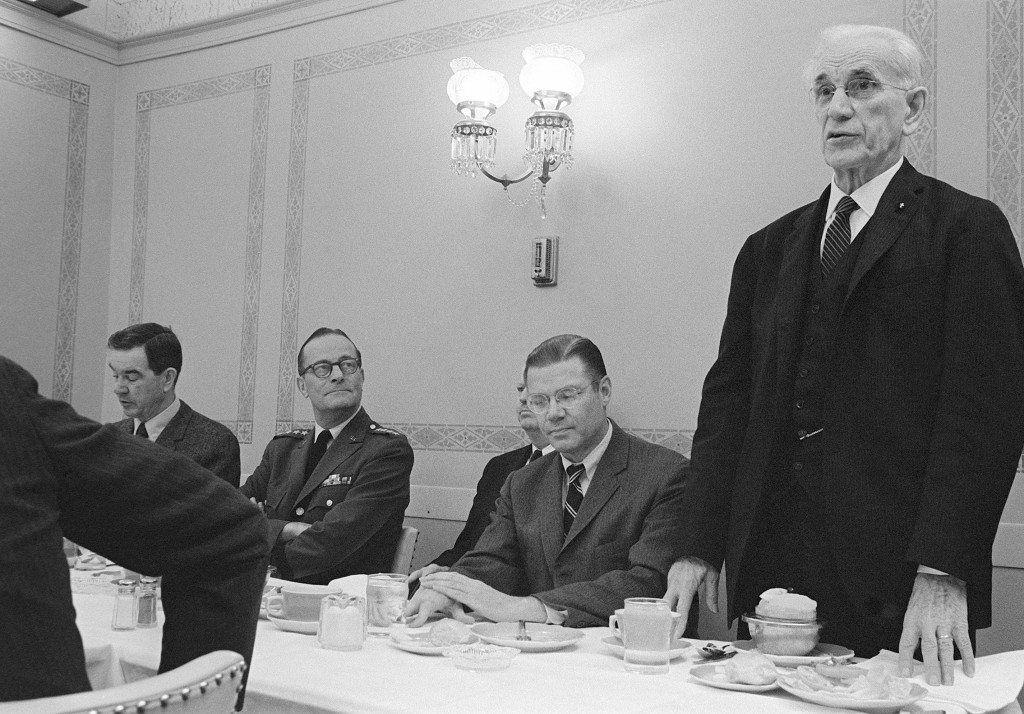 Speaker of the House John W. McCormack (D-Massachusettes) (standing), addresses those attending a luncheon at the US Capitol honoring top Department of Defense executives. Left to right are Congressman George H. Mahon (D-Texas), committee chairman of the US House of Representatives Appropriations Committee; General (GEN) Earle G. Wheeler, Chairman, US Army Joint Chiefs of Staff; Secretary of Defense Robert S. McNamara and Congressman McCormack.