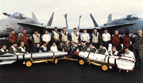 B61 and B57 nuclear weapons are displayed on board the USS America (CV-66) during its deployment to Operation Desert Storm in 1991. The nuclear division was also onboard in 1992 but gone in 1993.