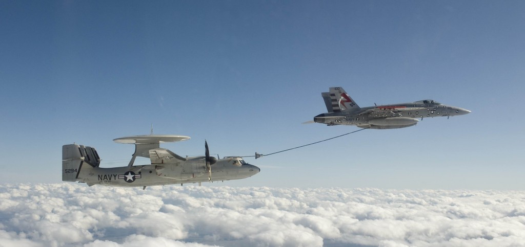 E-2D Advanced Hawkeye flown by Test and Evaluation Squadron TWENTY demonstrating proof of concept of in flight refueling. Photo taken by Kelly Schindler (US Navy).