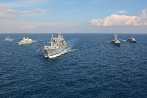 Standing NATO Maritime Group 2, seen here steaming in formation, is currently tasked with operating on the Aegan Sea refugee route.