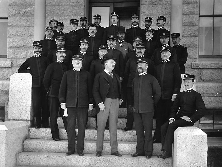 Assistant Secretary of the Navy Theodore Roosevelt on the steps of the Naval War College.