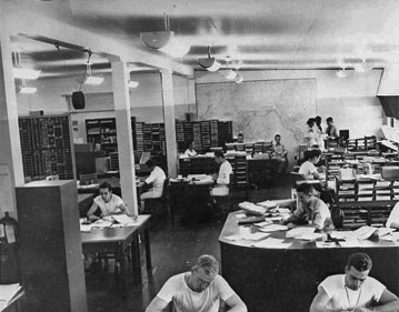 Photo shows work being done on the Japanese Naval code J-25 by Station HYPO in Hawaii. The Japanese order to prepare for war was sent in J-25 prior to the attack on Pearl Harbor, but decoders had been ordered to suspend work on the Naval code and focus efforts on the diplomatic code. Later, enough of J-25 was broken to be used as an advanced warning to the Japanese attack on Midway. NSA photo.