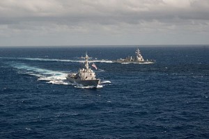 130131-N-HN991-919 PACIFIC OCEAN (Jan. 31, 2013) The Arleigh Burke-class guided-missile destroyers USS Stockdale (DDG 106) and USS William P. Lawrence (DDG 110) transit the western Pacific Ocean. The Nimitz Strike Group Surface Action Group is operating in the U.S. 7th Fleet area of responsibility. (U.S. Navy photo by Mass Communication Specialist 2nd Class David Hooper/Released)