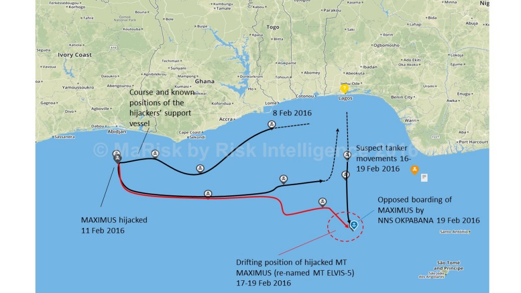 The hijacking of the product tanker MAXIMUS and the tracks of the pirate support vessels between 8 and 19 February 2016 (source: MaRisk by Risk Intelligence).