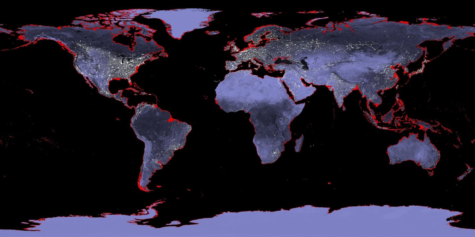 A global map indicating areas impacted by a six meter rise in sea levels. Source: NASA.