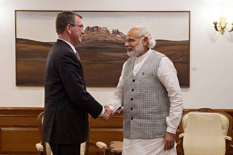 U.S Secretary of Defense Ash Carter meets with Indian Prime Minister Narendra Modi on April 12 in New Dehli, India. Source: Zuma Press.