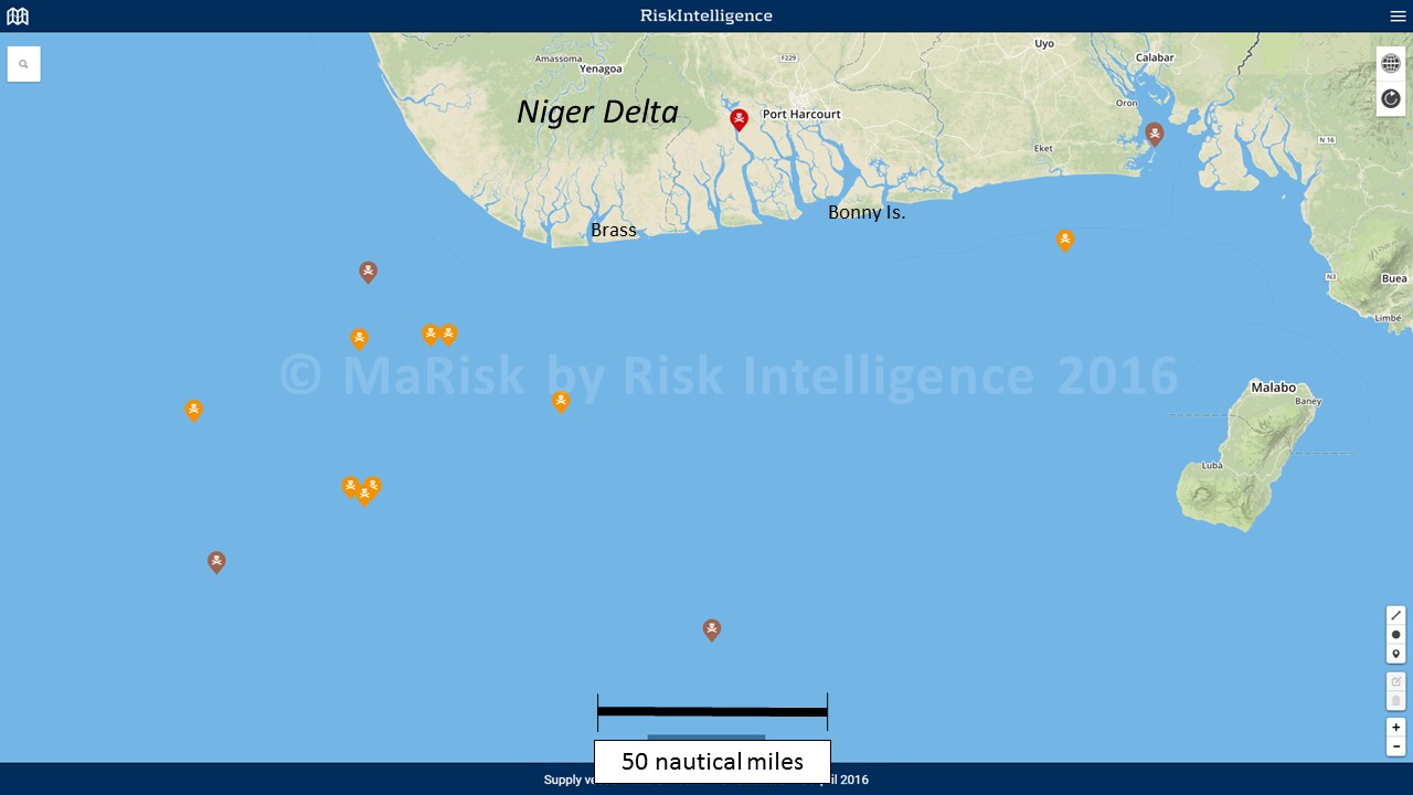 Attacks offshore the Niger Delta 1-21 April 2016. Brown icons: kidnappings, red icons: armed robberies; orange icons: failed attacks. Source: MaRisk by Risk Intelligence.