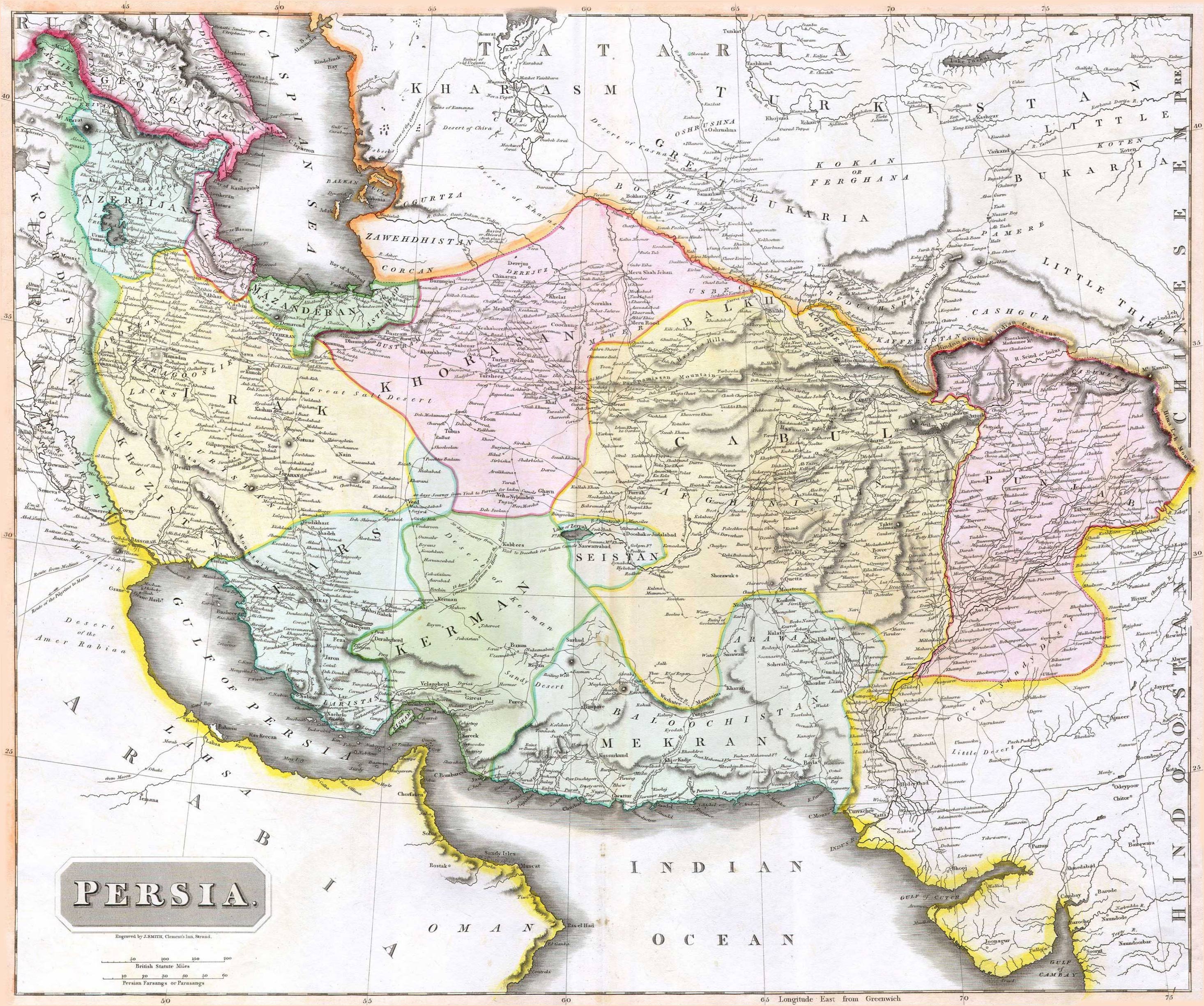 1814 map of Central Asia, where great power competition between Russia and the British became known as The Great Game.