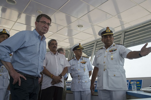 Secretary of Defense Ash Carter speaks with Indian Naval Officers as he tours Indian Naval Station Karwar as part of a visit to the Indian aircraft carrier INS Vikramaditya, April 11, 2016. Carter is visiting India to solidify the rebalance to the Asia-Pacific region.(Photo by Senior Master Sgt. Adrian Cadiz)(Released)