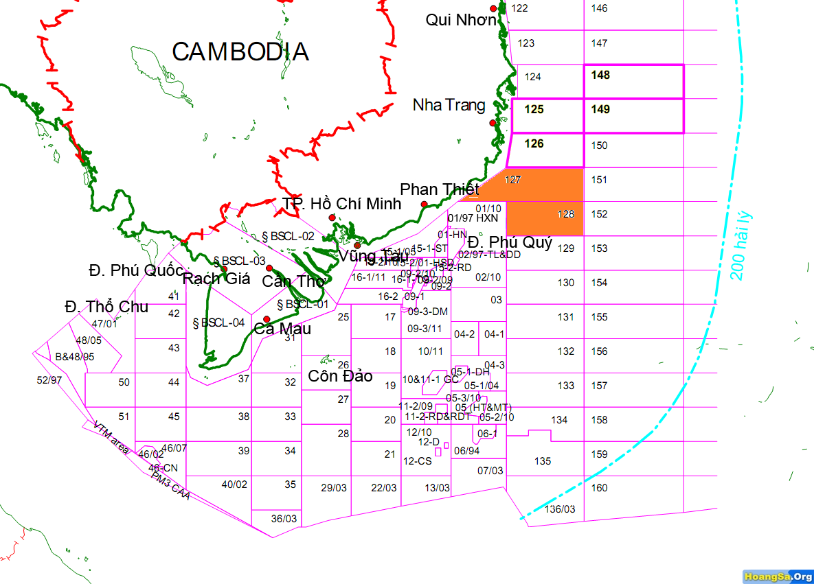 Blocks 127 and 128 in the South China Sea, where the India’s Oil and Natural Gas Corporation is looking to explore for oil.