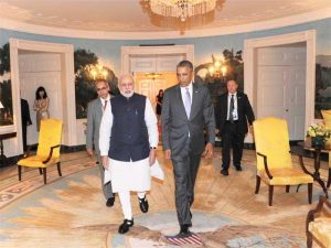 In this photograph released by the Press Information Bureau (PIB) on September 30, 2014, Prime Minister Narendra Modi (centre L) walks with US President Barack Obama at the White House in Washington, DC, on September 29, 2014.