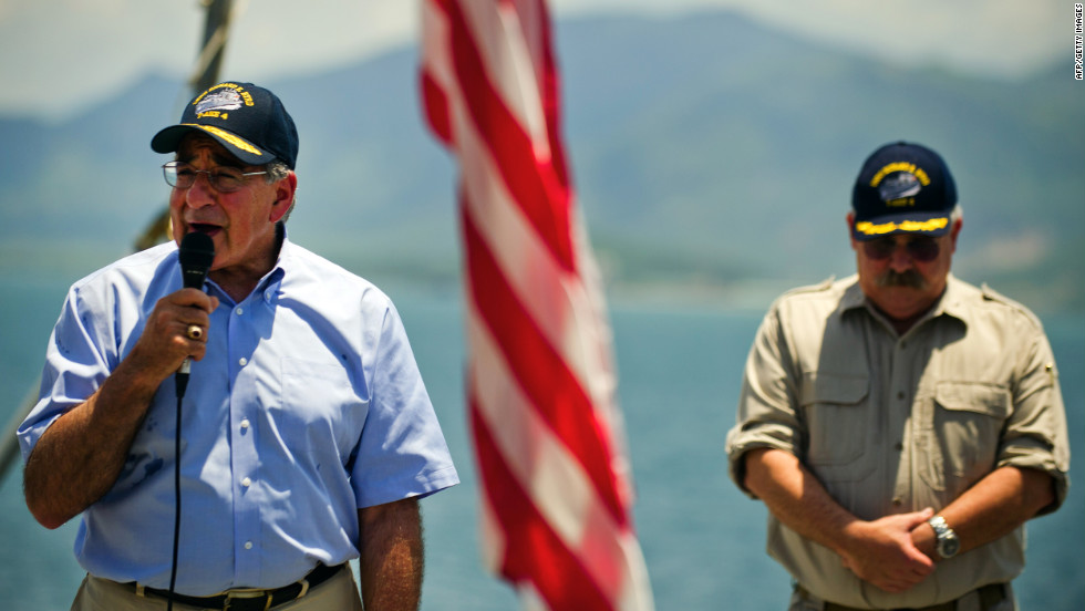 Leon Panetta speaks to the crew of the USNS Richard E. Byrd docked at Vietnam's Cam Ranh Bay in June 2012.