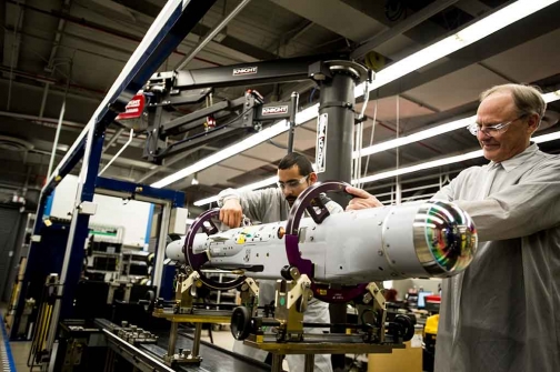 Employees work on missile production at Raytheon Missile Systems's facility in Tuscon, AZ. 