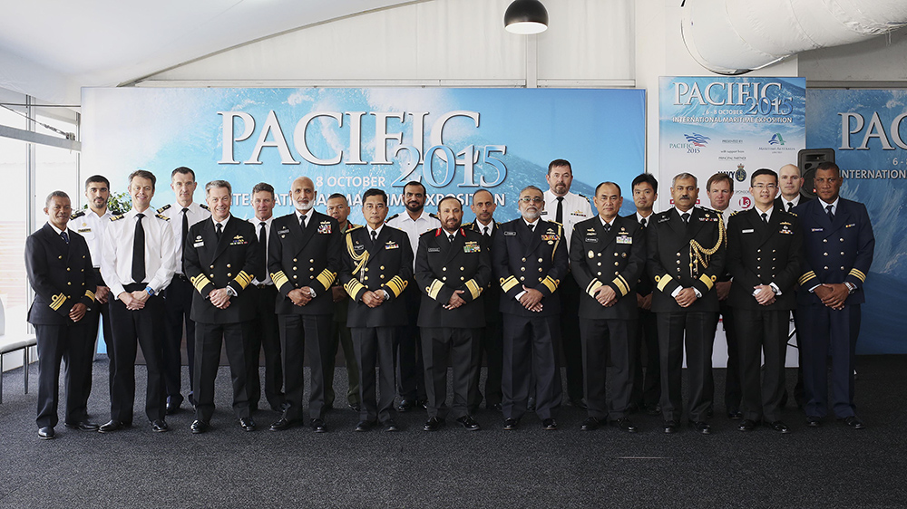 Delegates pose for a photograph before the Indian Ocean Naval Symposium (IONS) Conclave of Chiefs. The regional forum was held during Sea Power 2015. 