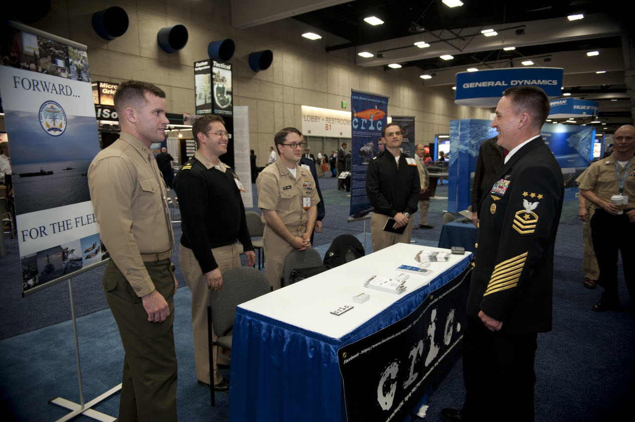 SAN DIEGO (Feb. 10, 2015) Master Chief Petty Officer of the Navy (MCPON) Mike Stevens visits service members with the CNO's Rapid Innovation Cell (CRIC) during the Western Conference and Exposition (WEST) 2015. U.S. Navy photo by Mass Communication Specialist 1st Class Martin L. Carey.