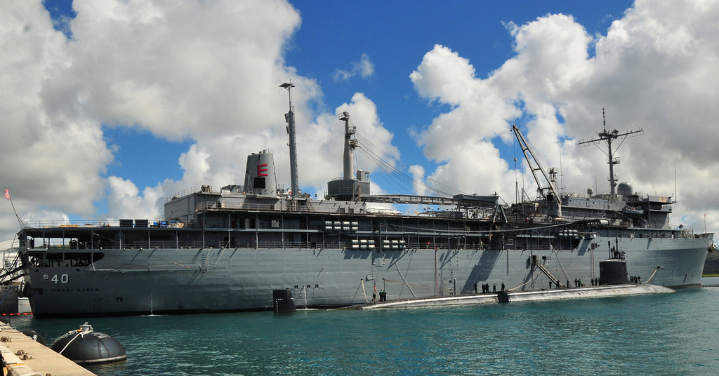 101230-N-8423B-015 POLARIS POINT, Guam (Dec. 30, 2010) The submarine tender USS Frank Cable (AS 40) tends the Virginia-class attack submarine USS Hawaii (SSN 776). Hawaii is the first Virginia-class attack submarine to be moored outboard of a submarine tender. Frank Cable conducts maintenance and support of submarines and surface vessels deployed in the U.S. 7th Fleet area of responsibility. (U.S. Navy photo by Mass Communication Specialist 2nd Class Catherine Bland)