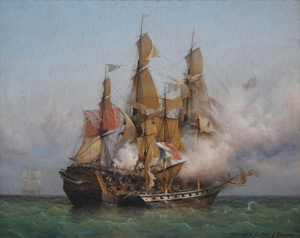 East Indiaman Kent battling Confiance, a privateer vessel commanded by French corsair Robert Surcouf in October 1800, as depicted in a painting by Ambroise Louis Garneray. (Wikimedia Commons)