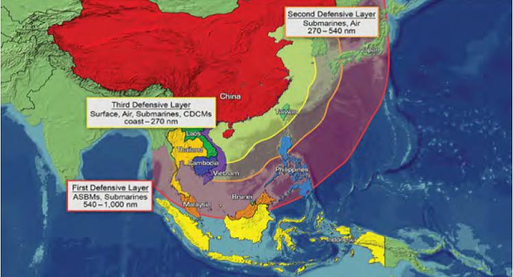 Chinese Active Defense Layers (Office of Naval Intelligence graphic). Note that the range lines reflect where PLA aircraft and submarines might be expected to operate in wartime based on evidence to date. While PLA aircraft would be unlikely to fly further east from the second layer's line if U.S. and allied air coverage from bases along the Second Island Chain was strong, the same might not be true for PLAN SSNs. Also note that the maritime approaches to Luzon and the northern/central Ryukyus fall within the PLA's middle layer, and Taiwan and the southern Ryukyus within the inner layer.