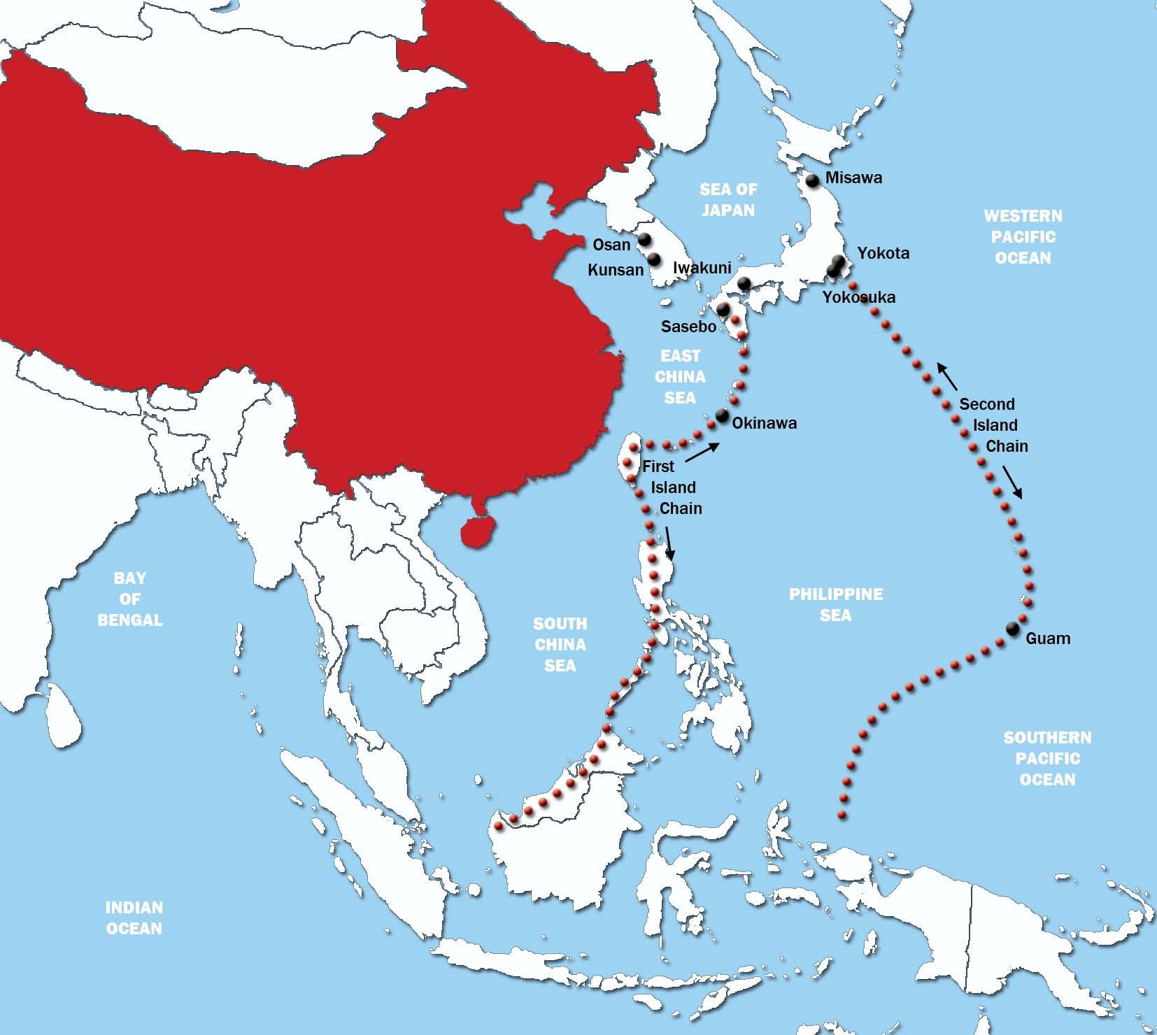 A map of the Asia-Pacific with the first and second island chains indicated. (Consortium of Defense Analysts)