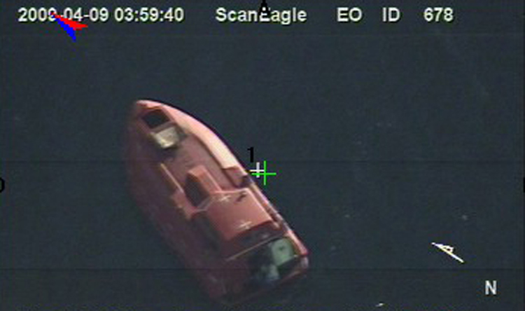 090409-N-0000X-926 INDIAN OCEAN (April 9, 2009) In a still frame from video released by the U.S. Navy taken by the Scan Eagle unmanned aerial vehicle, a 28-foot lifeboat from the U.S.-flagged container ship Maersk Alabama is seen Thursday, April 9, 2009 in the Indian Ocean. (U.S. Navy Photo)