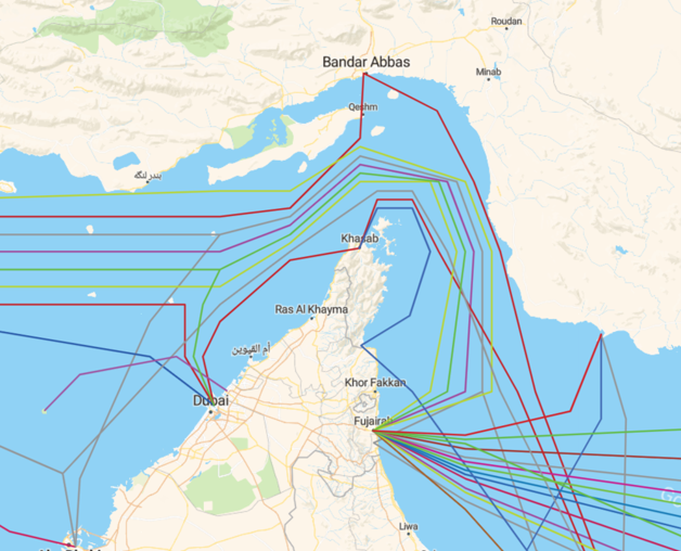 Subsea cables in the Strait of Hormuz. (Image credit to Open Street Map)