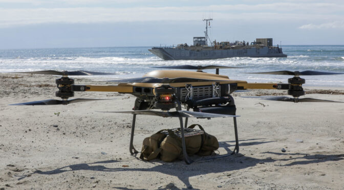 The Tactical Resupply Vehicle-150 lands on the beach after a series of contested logistics experimentations from ship to shore as part of Project Convergence-Capstone 4 at Camp Pendleton, Calif., Feb. 29, 2024. The TRV-150 is a tactical drone designed to provide rapid and assured highly automated aerial distribution of supplies up to 150lbs. (U.S. Army photo by Spc. Howard Lee)