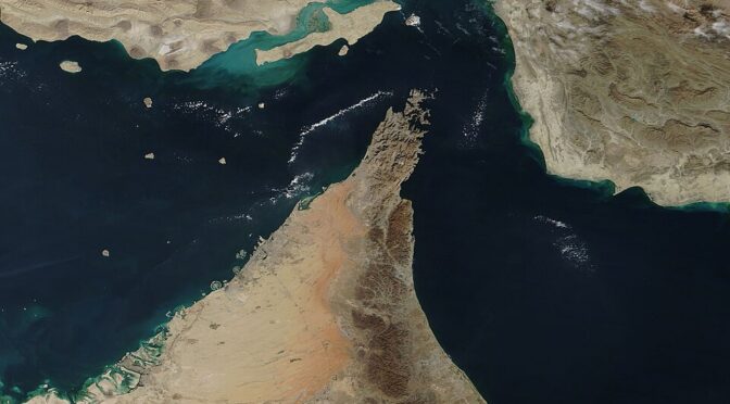 A satellite image of the Strait of Hormuz. (Wikimedia Commons)