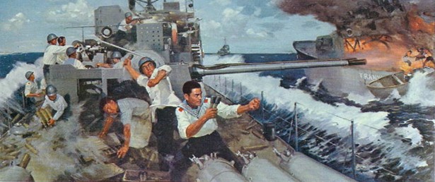 Figure 1. Oil Painting Titled “Battle of the Paracel Islands – Ship No. 389 in Combat,” Depicting the 1974 Engagement. (Ai Youmin and Li Enming)