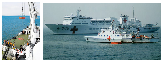 Figure 3. An unidentified Ankang class ambulance vessel alongside the Peace Ark during an exercise in 2009 (left). The Peace Ark exercising with an Ankang class ambulance vessel in 2010 (right).