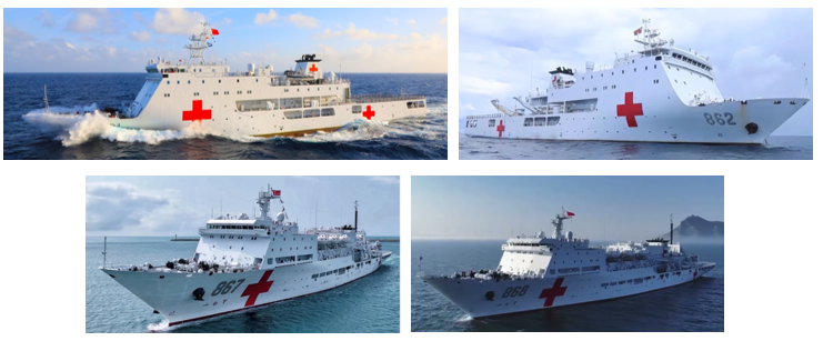 Figure 4. PLAN Type 919 Anshen Hospital Ships; Friendship (861) (top left) and Friendly (862) (top right). PLAN Type 920 Anwei Hospital Ships: Silk Road Ark (867) (bottom left) and Auspicious Ark (868) (bottom right)