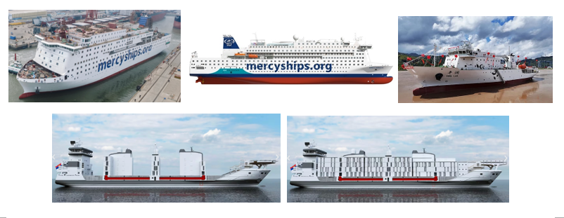 Figure 5. PRC Built Civilian Use Hospital Ships; Global Mercy (top left), Africa Mercy II (top middle), Pinglan (top right), two unnamed hospital ships for Worldwide Hospitals (bottom)